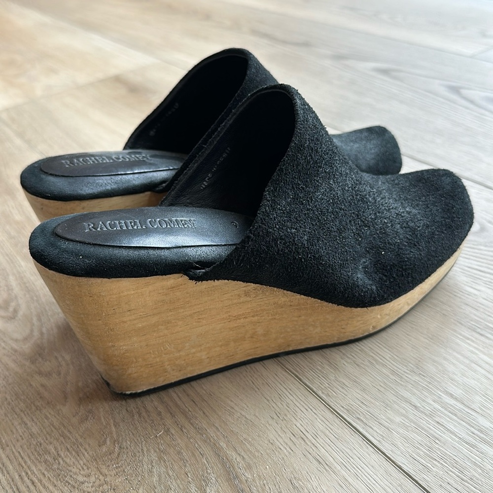 Rachel Comey black suede mules with 3.5” tall wooden heels
